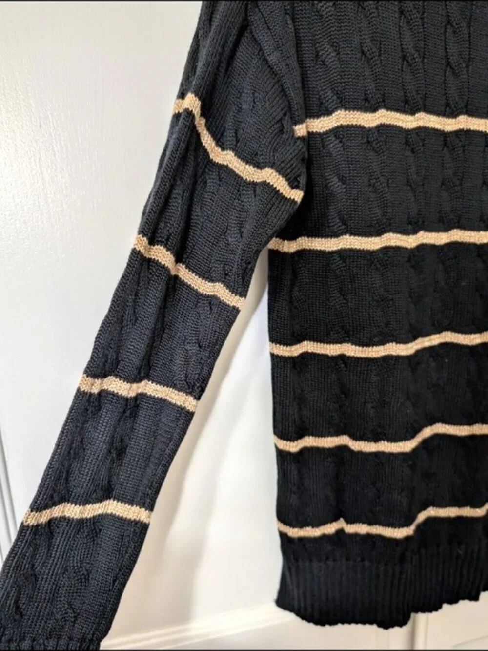 LRL Striped Cable‎ Knit Women's Sweater - Black and Tan-Small